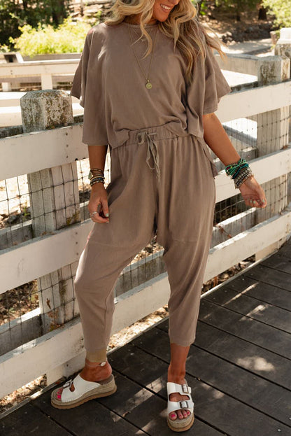 Taupe Batwing Sleeve High Low Tee and Drawstring Crop Pants Set