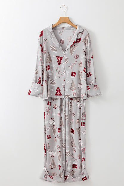 Light Grey Christmas Deer Printed Shirt and Pants Pajama Set