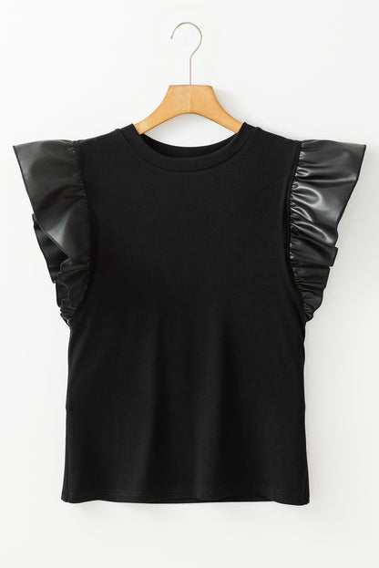 Cinnamon Leather Ruffle Shoulder Blouse