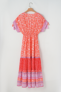 Red Boho Floral Tassel Tie Sleeve Maxi Dress
