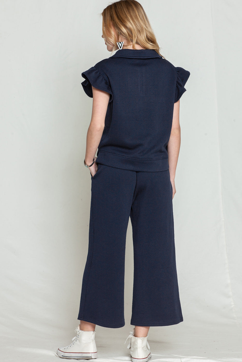 Navy Blue Textured Ruffle Cap Sleeve Top And Wide Leg Pants Set