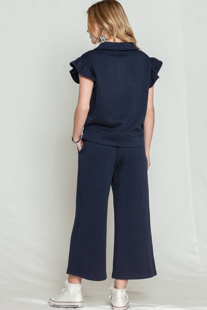 Navy Blue Textured Ruffle Cap Sleeve Top And Wide Leg Pants Set