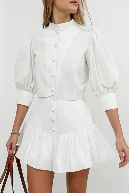 White Lantern Sleeve Cropped Shirt & Short Skirt Set