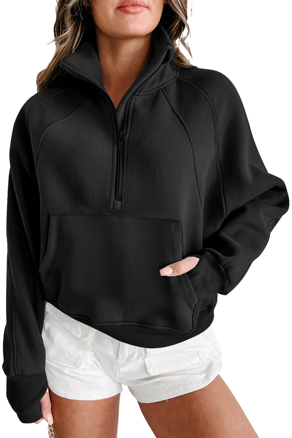 Green Zip Up Stand Collar Ribbed Thumbhole Sleeve Sweatshirt