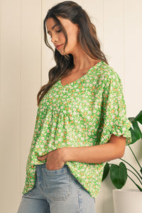 Green Floral Print Ruffle Sleeve V Neck Pleated Blouse
