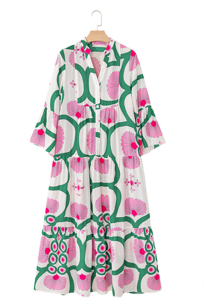 Pink Boho Abstract Button V Neck Oversized Maxi Dress