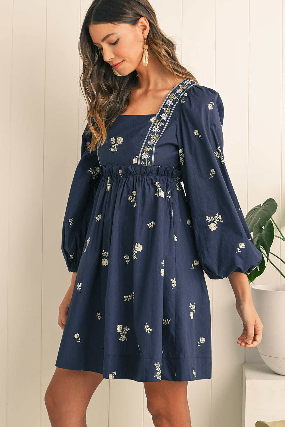 Blue Floral Embroidered Puff Sleeve Babydoll Dress