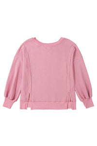 White Waffle Bishop Sleeve Split Oversized Sweatshirt