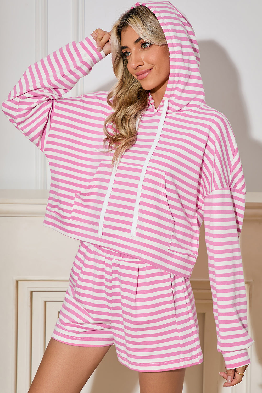 Pink Stripe Kangaroo Pocket Hoodie and Shorts Set