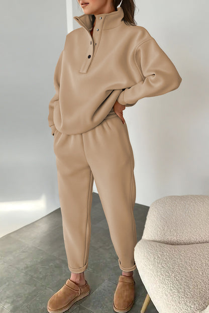 Parchment Solid Half Button Sweatshirt and High Waist Pants Set