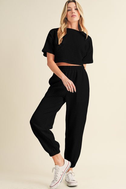 Black Textured Cropped Tee and Jogger Pants Set