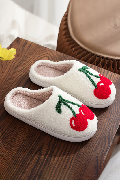 White Cute Fruit Cherry Open Heel Plush Slippers