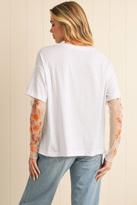 White Floral Mesh Patchwork Sleeve Fake Two-Piece Top