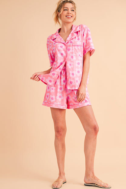 Pink Flower Print Buttoned Shirt and Drawstring Waist Pajama Set