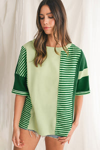 Mint Green Striped Patchwork Half Sleeve T Shirt