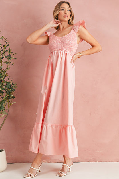 Apricot Pink V Neck Flutter Sleeve Smocked Bodice High Waist Ruffle Maxi Dress