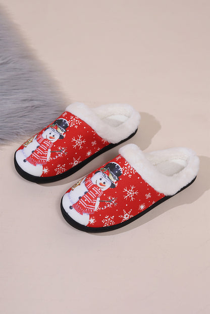 Fiery Red Cute Christmas Snowman Print Fluffy Slippers