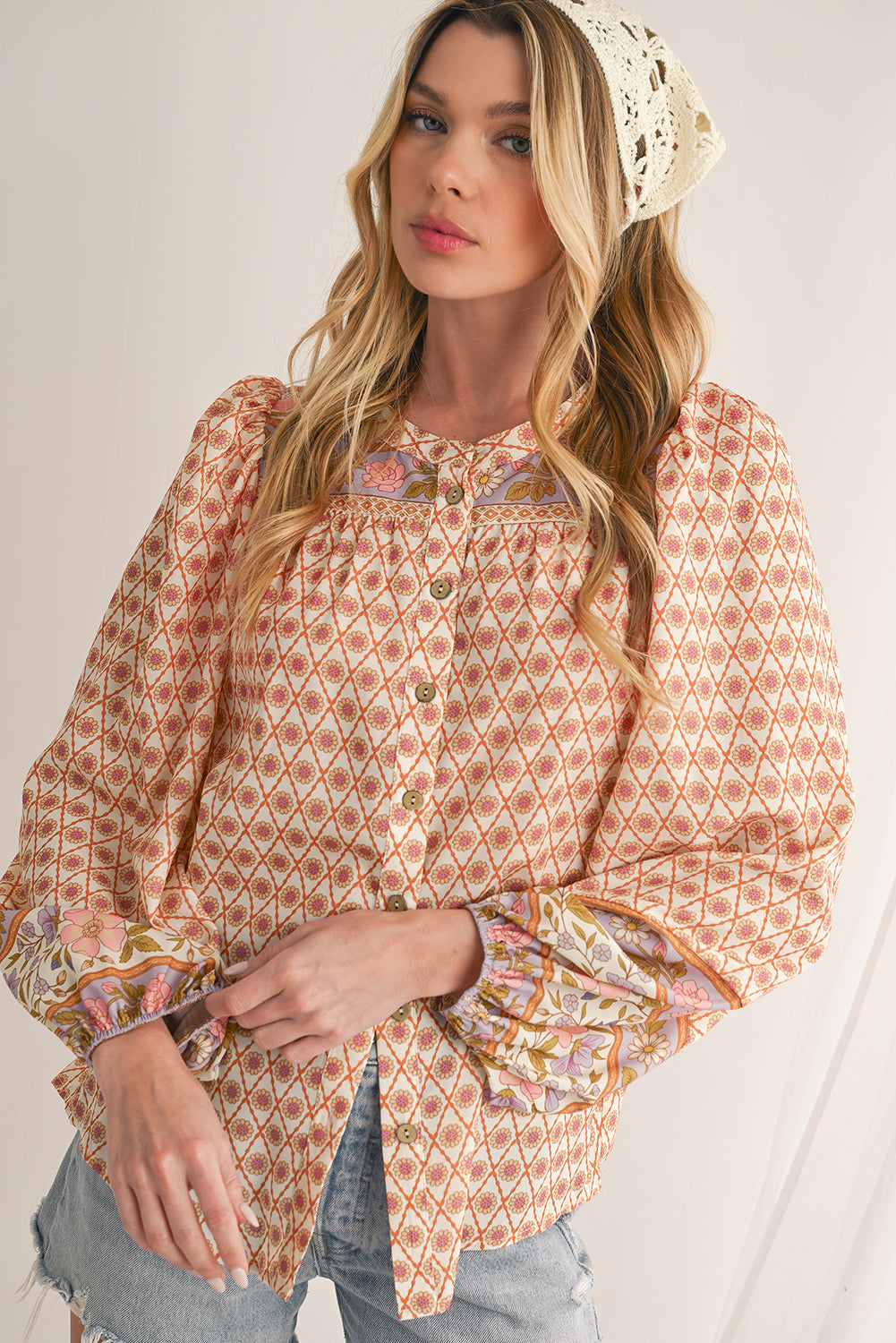 Multicolour Boho Floral Puff Sleeve V-Neck Button Blouse