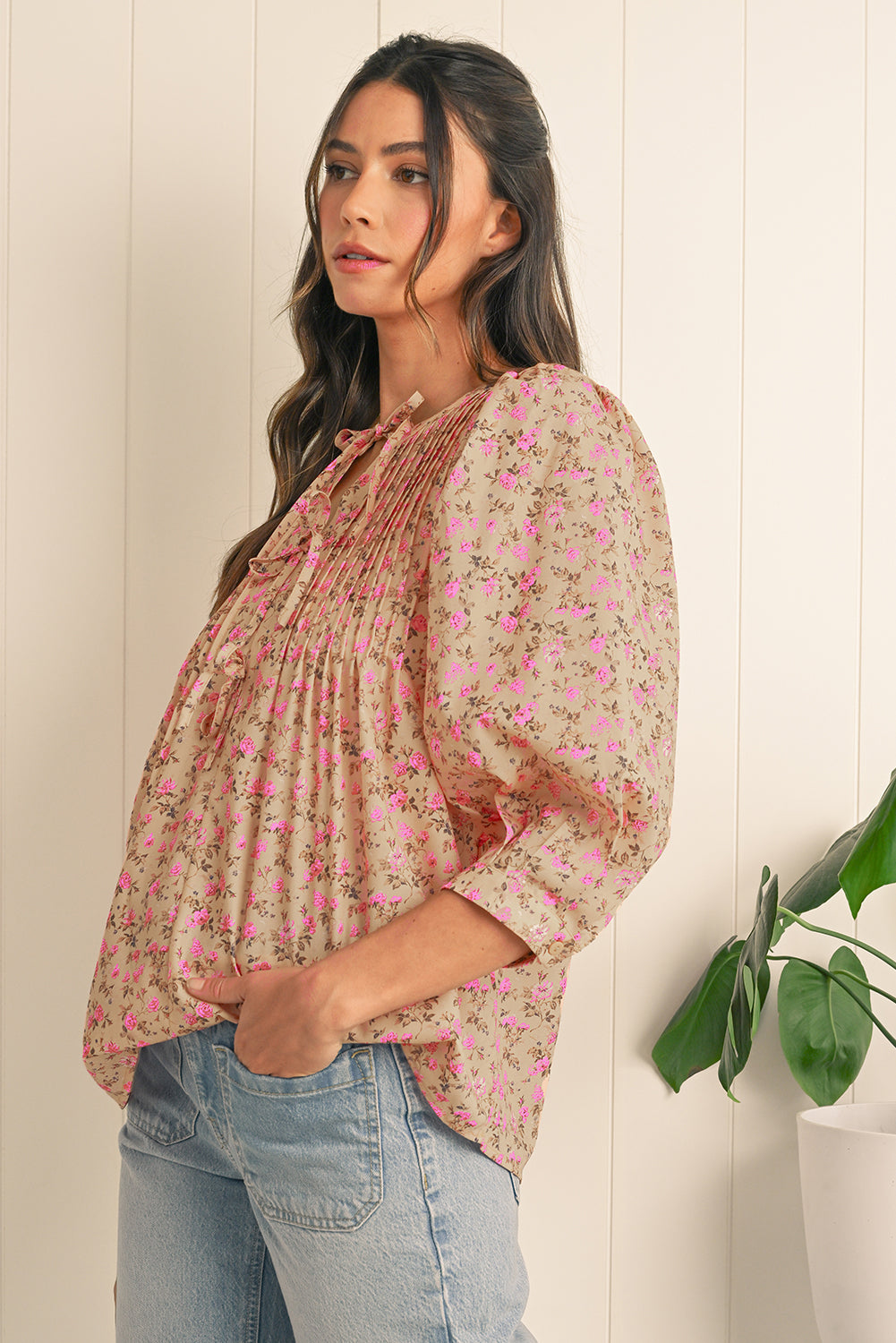 Light French Beige Ditsy Floral Print Bow Front Puff Sleeve Blouse