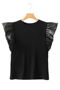 Cinnamon Leather Ruffle Shoulder Blouse