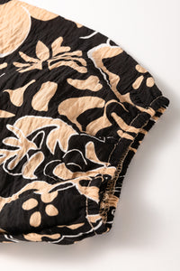 Black Boho Floral Smocked V Neck Bracelet Sleeve Blouse