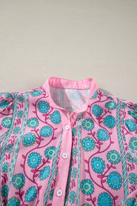 Pink Boho Floral Shirred Short Sleeve Belted Dress