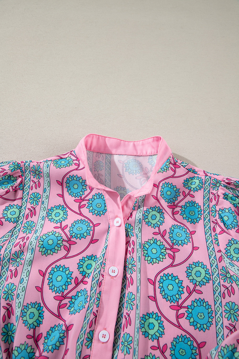 Pink Boho Floral Shirred Short Sleeve Belted Dress