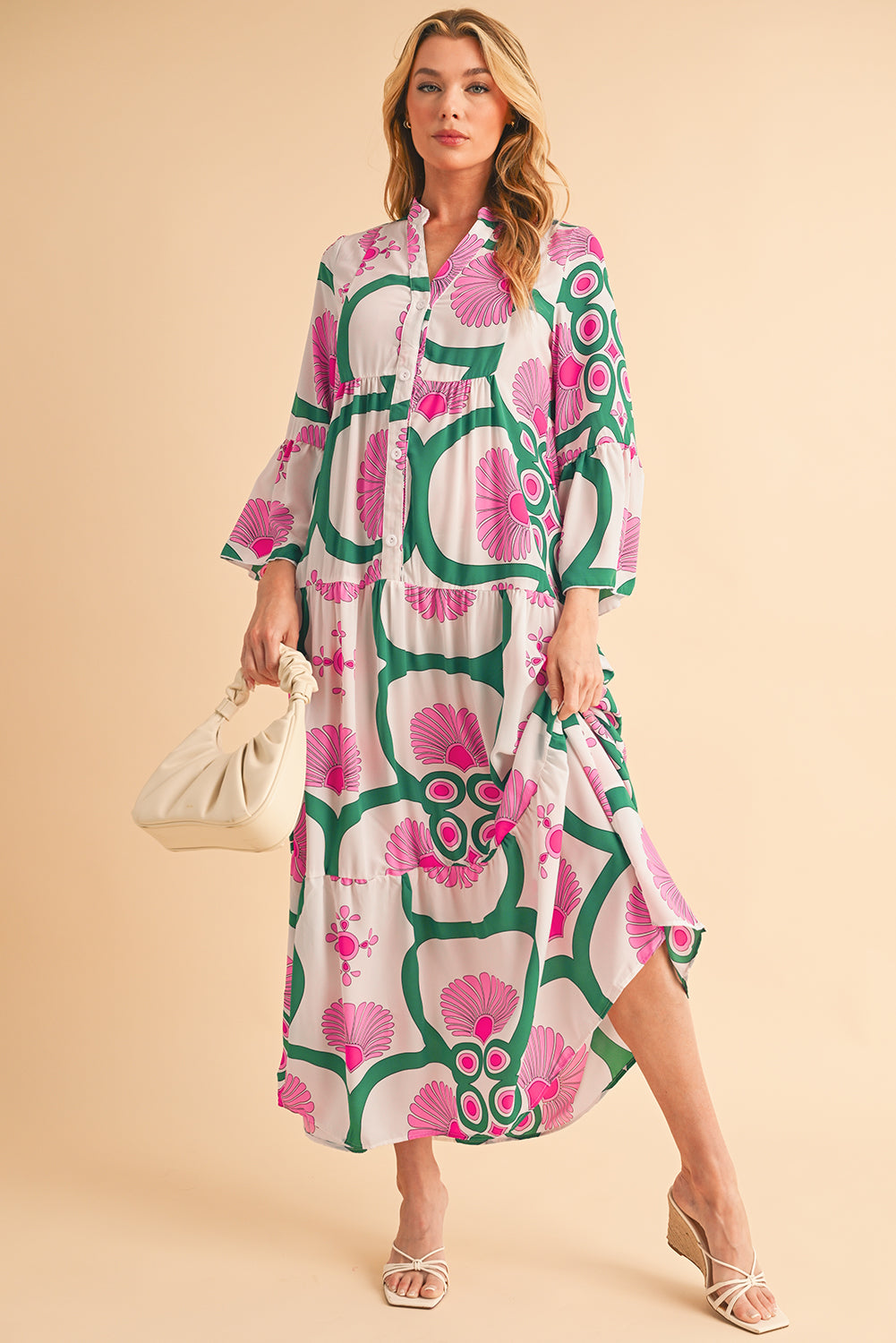 Pink Boho Abstract Button V Neck Oversized Maxi Dress