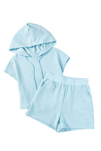 White Textured Cropped Hoodie and Pocketed Shorts Set