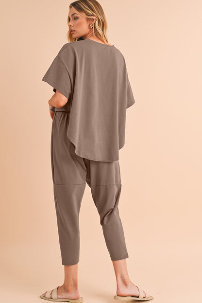 Taupe Batwing Sleeve High Low Tee and Drawstring Crop Pants Set