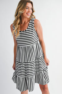 Rose Stripe U Neck Sleeveless Loose Fit Mini Dress