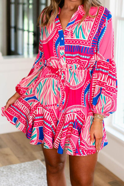 Rose Boho Abstract Print Lantern Sleeve Drawstring Waist Ruffle Mini Dress