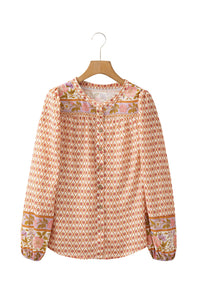 Multicolour Boho Floral Puff Sleeve V-Neck Button Blouse