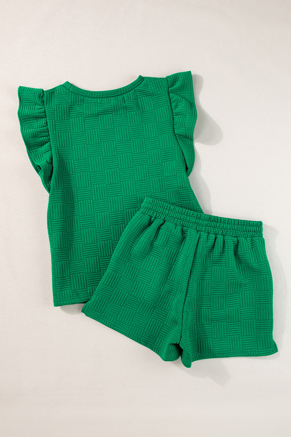 Bright Green Textured Ruffle Sleeve Tee & Drawstring Shorts Set