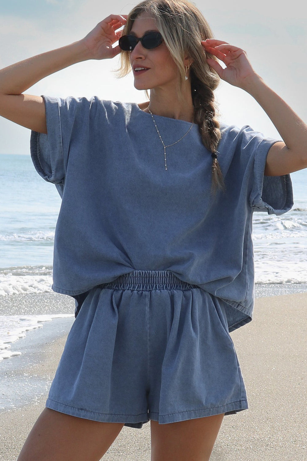 Light Blue Denim Loose Fit Tee and Shorts Set