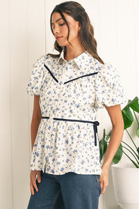 White Boho Ditsy Floral Puff Sleeve Pleated Shirt