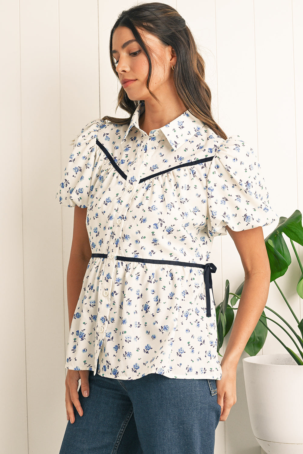 White Boho Ditsy Floral Puff Sleeve Pleated Shirt