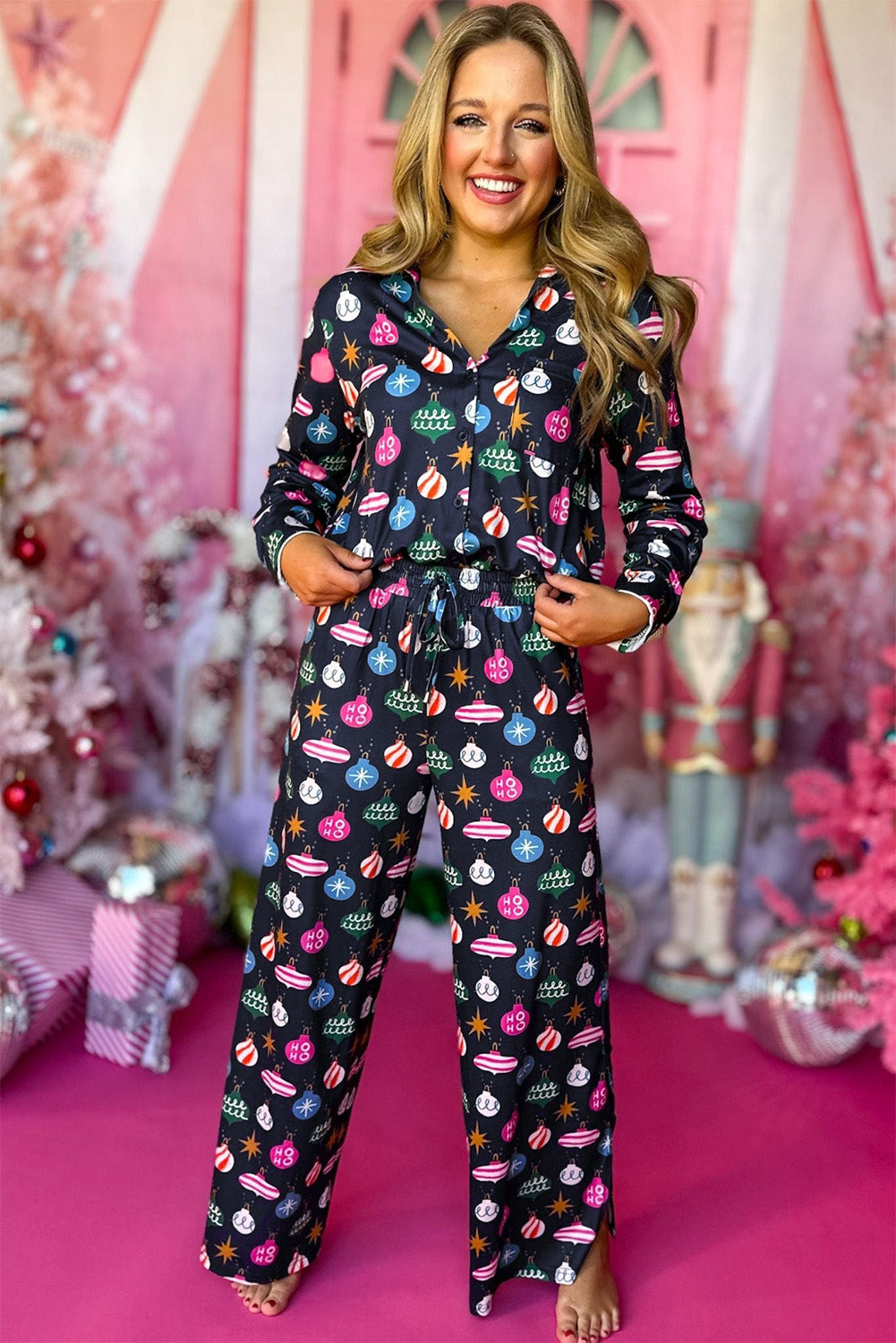 Navy Blue Colorful Christmas Lights Print Shirt and Pants Pajama Set