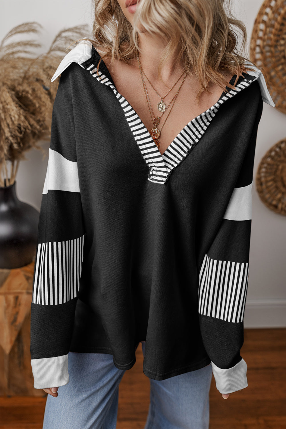 Dark Blue Striped Patchwork Collar Sweatshirt