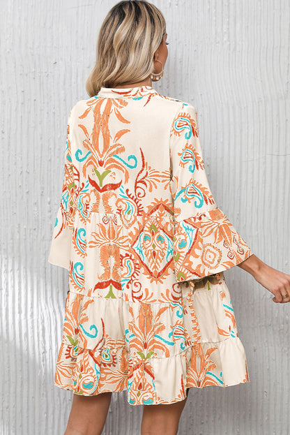 Green Ethnic Print Boho Tiered Mini Flowy Dress