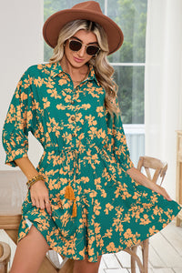 Pink Floral Print Drawstring Flowy Short Dress