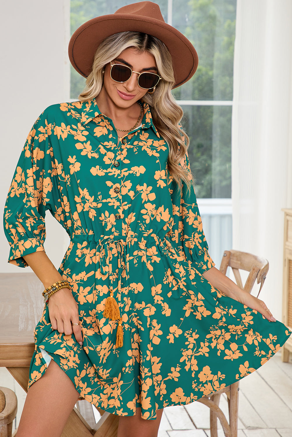 Pink Floral Print Drawstring Flowy Short Dress