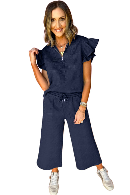 Navy Blue Textured Ruffle Cap Sleeve Top And Wide Leg Pants Set