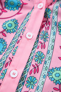 Pink Boho Floral Shirred Short Sleeve Belted Dress