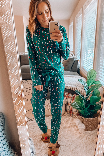 Green Christmas Candy Cane Printed Top and Pants Loungewear Set