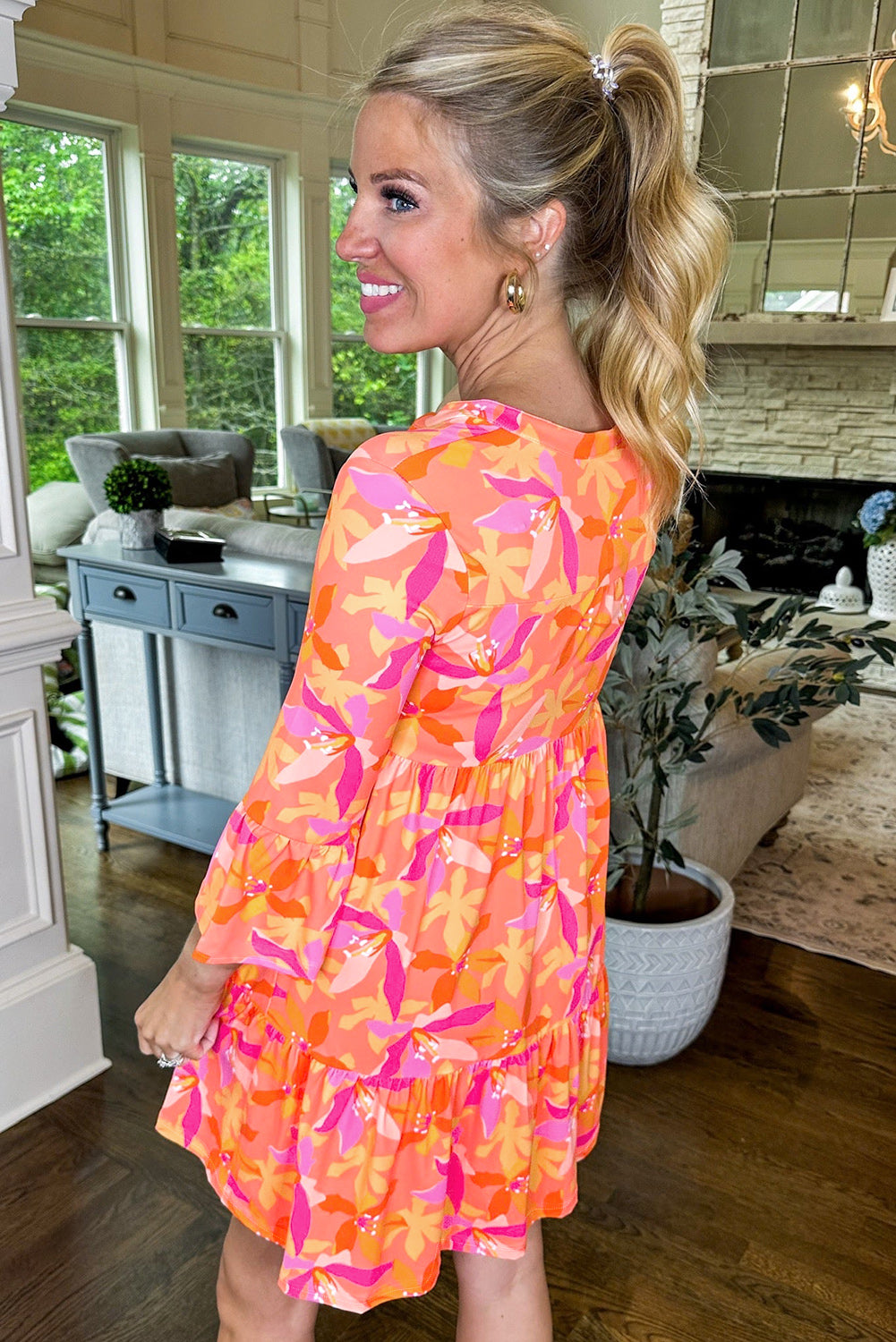 Orange Abstract Print V Neck Ruffle Bell Sleeve Mini Tiered Dress