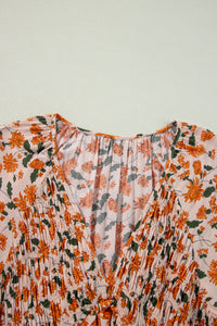 Beige Floral Smocked V Neck Bubble Sleeve Babydoll Dress