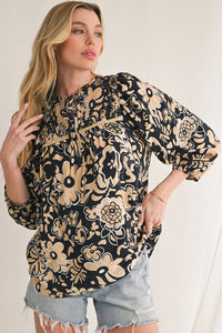 Black Boho Floral Smocked V Neck Bracelet Sleeve Blouse
