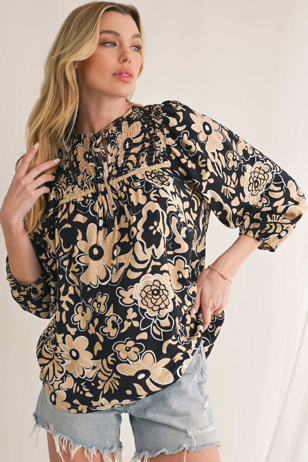 Black Boho Floral Smocked V Neck Bracelet Sleeve Blouse
