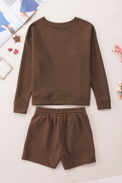 Apricot Textured Long Sleeve Top & Drawstring Shorts Set